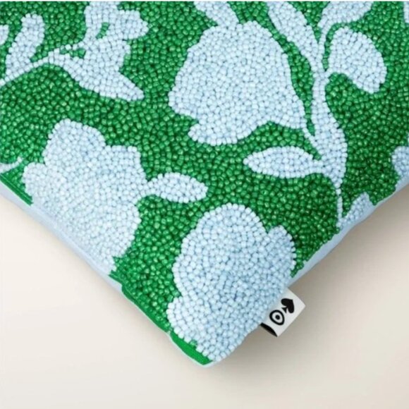 Kate Spade Classic Rose Beaded Green and Blue Pillow NWT - Picture 4 of 7